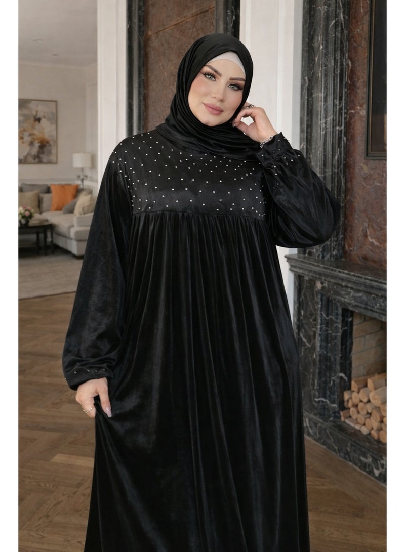 Women’s Velvet Prayer Dress (Isdal) – Elegant Design with Subtle Sparkle – Loose Fit with Matching Hijab - Black - Image 1